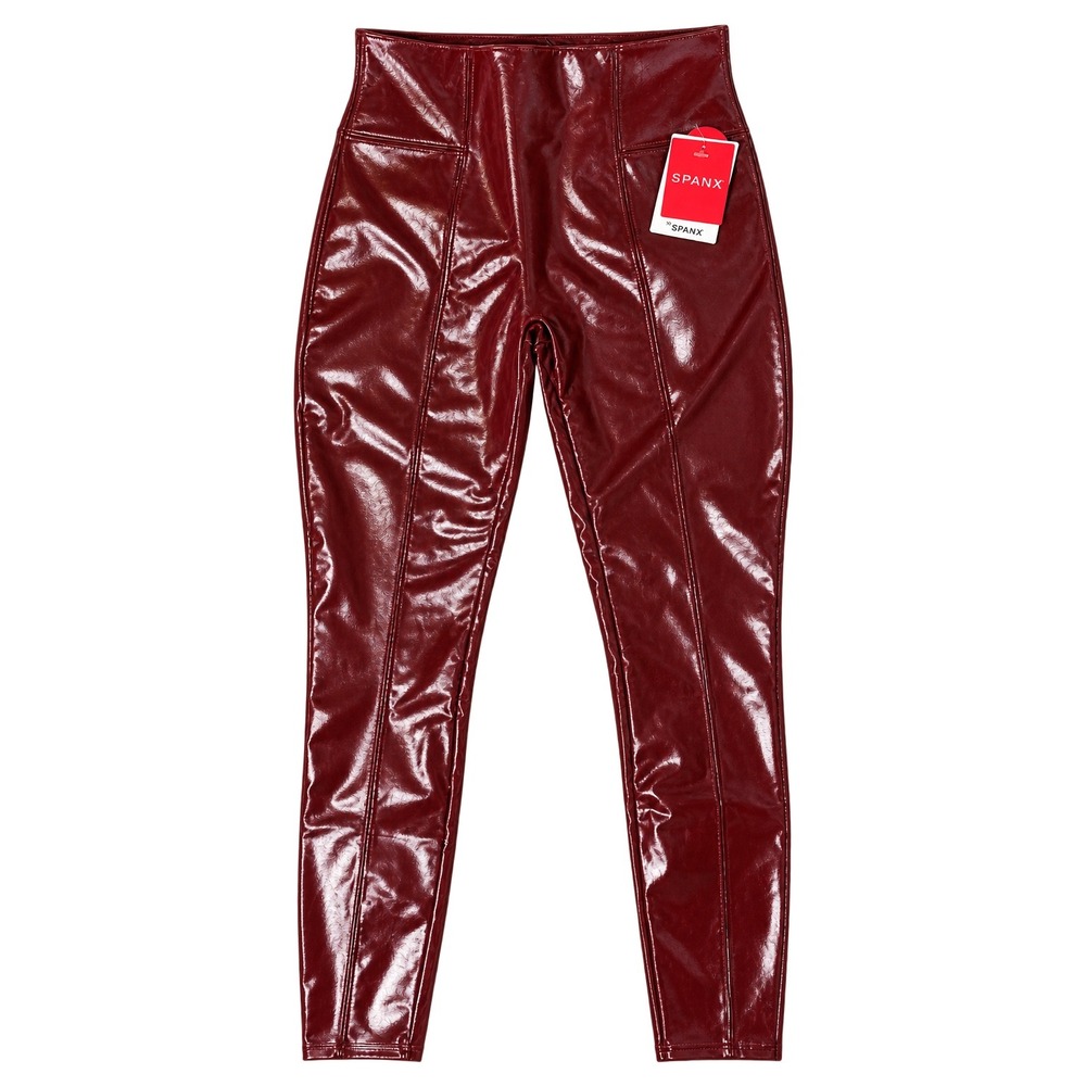 SPANX Faux Patent Leather Liquid Gloss Leggings Ruby Burgundy M NWT High Rise